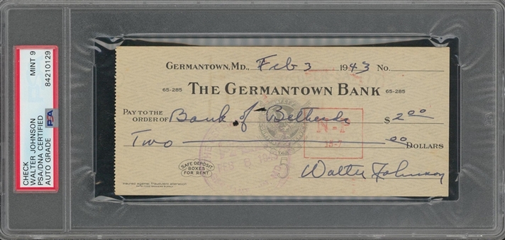 1943 Walter Johnson Signed Personal Check (PSA/DNA MINT 9)